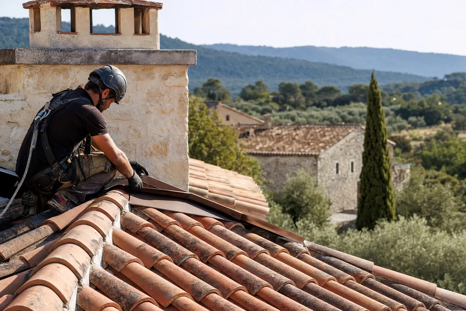 Artisan couvreur au travail sur une toiture méditerranéenne