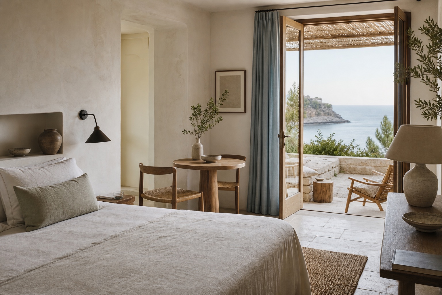 Chambre lumineuse de boutique-hôtel ouverte sur une terrasse face à la mer
