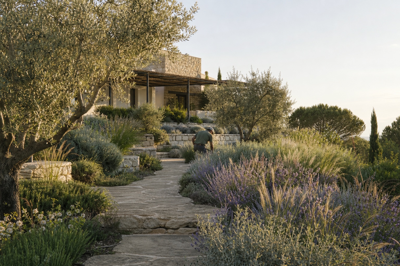 Jardin méditerranéen paysagé autour d’une villa en pierre