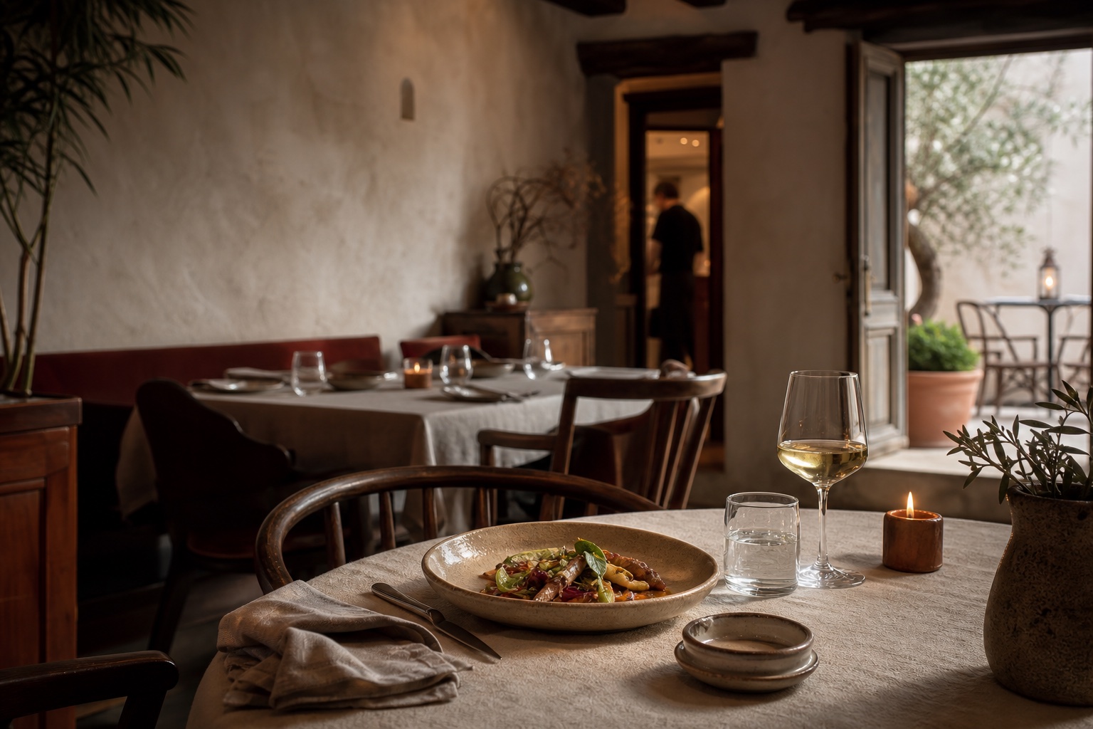 Table dressée dans un restaurant méditerranéen chaleureux et contemporain
