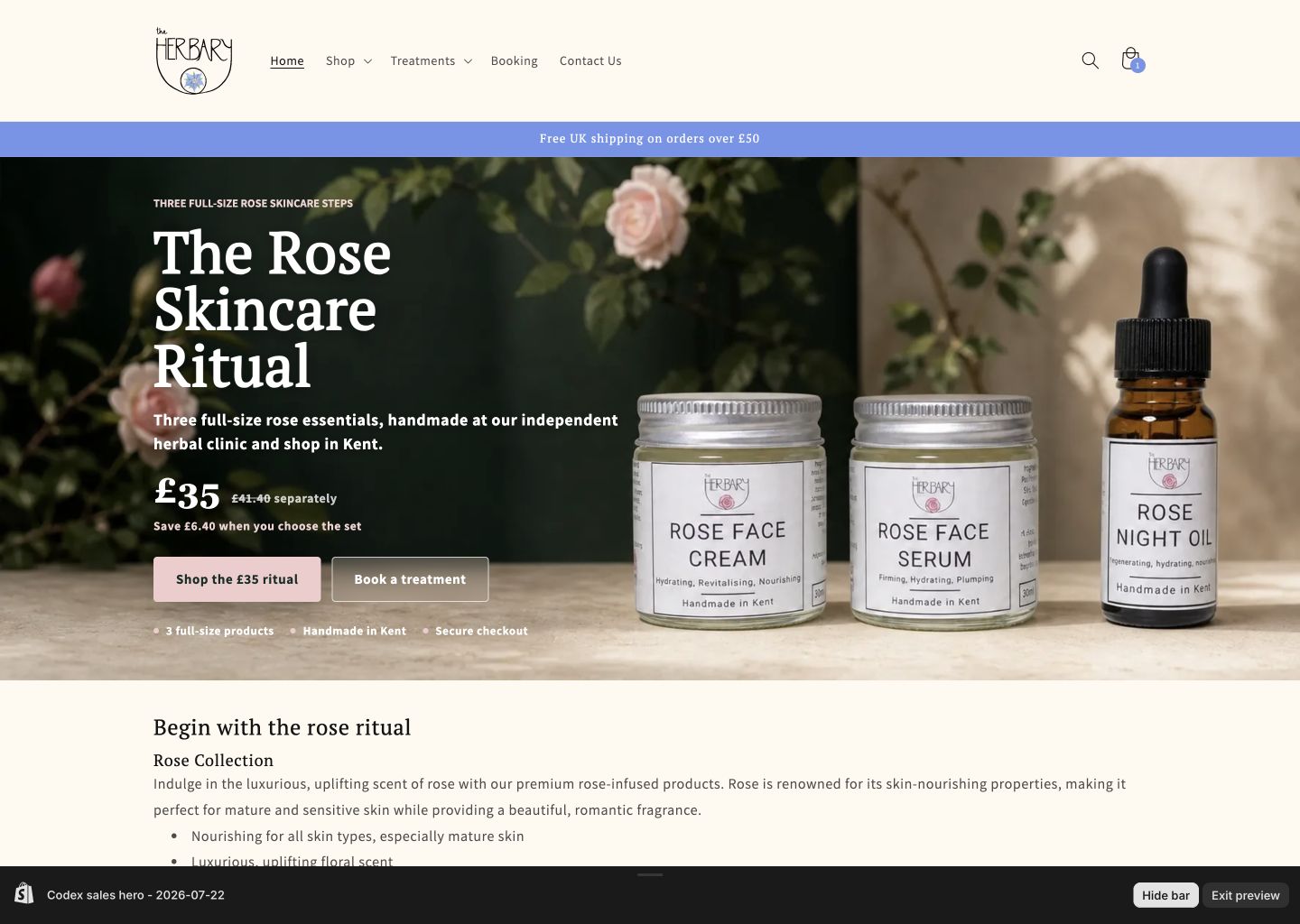 Page d’accueil de The Herbary présentant le rituel de soins à la rose