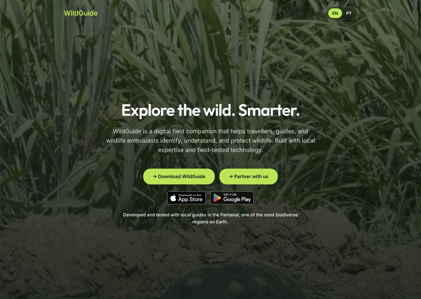 Page d’accueil de WildGuide présentant l’application dédiée à l’observation de la faune